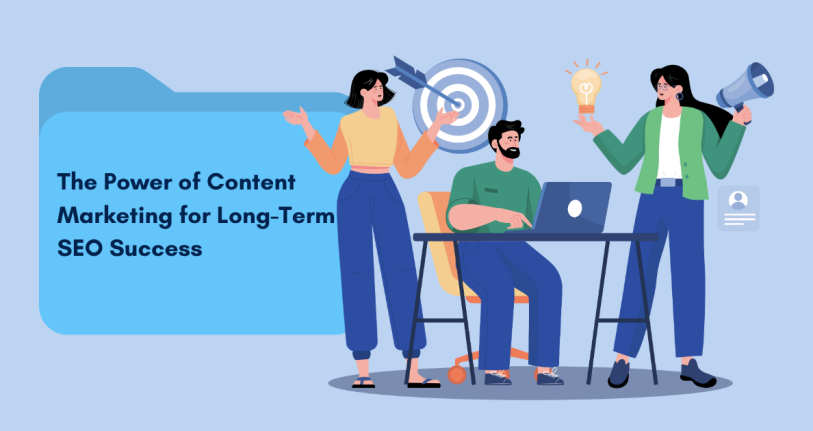 Illustration of three people collaborating, symbolizing content marketing strategies for long-term SEO success with a target, lightbulb, and megaphone.
